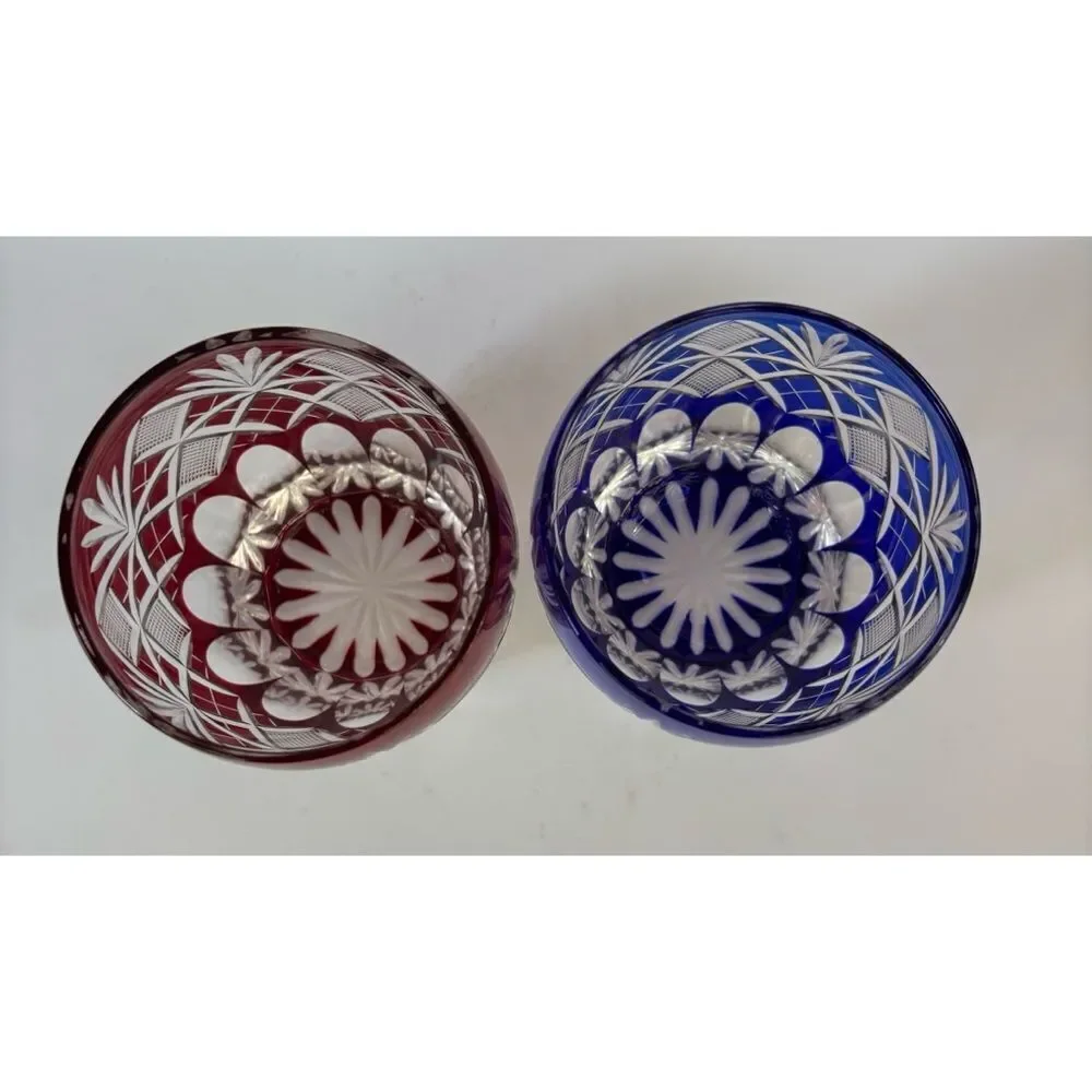Pair of Edo Kiriko Glass Tumbler Cut to Clear in Ruby and Cobalt / Japan